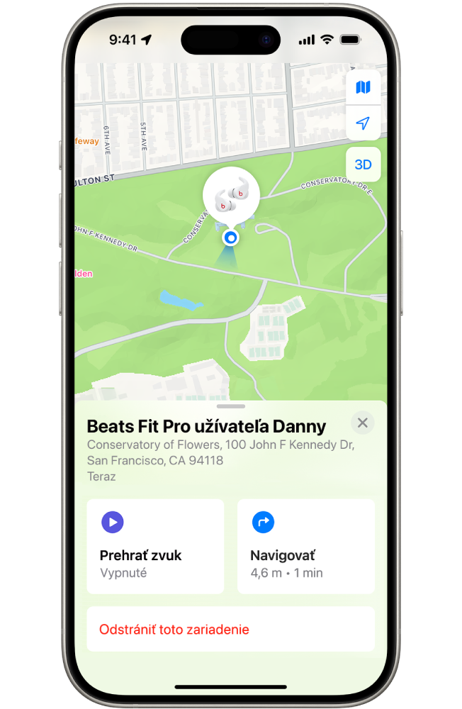 V apke Nájsť na iPhone je na mape San Francisca zobrazená poloha slúchadiel Beats Fit Pro.