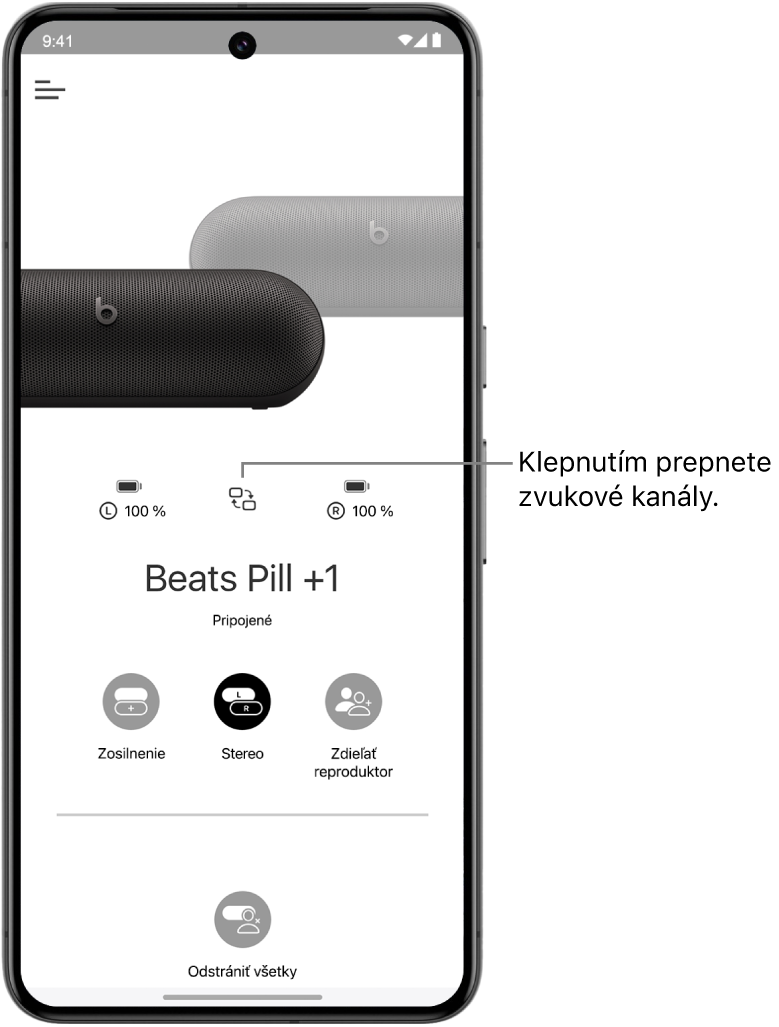 Obrazovka zariadenia v apke Beats zobrazujúca dva prepojené reproduktory Beats Pill v skupine Stereo a tlačidlo na zmenu audiokanála.