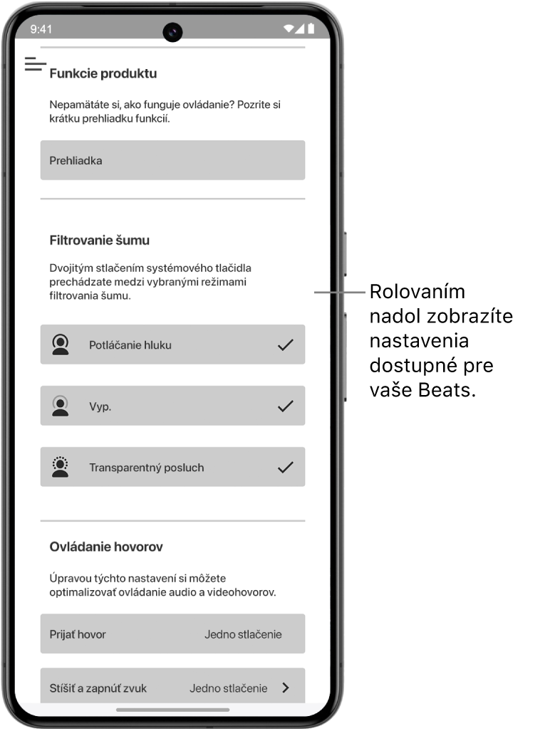 Obrazovka zariadenia v apke Beats zobrazujúca nastavenia dostupné pre pripojené slúchadlá Beats Studio Pro.