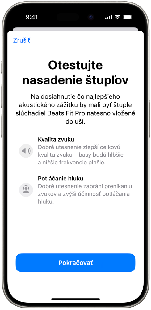 Obrazovka iPhonu zobrazujúca Test nasadenia štupľov pre slúchadlá Beats Fit Pro.