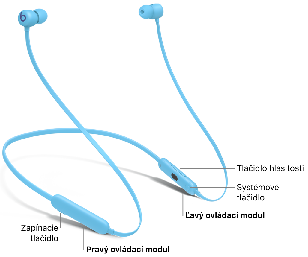 Obrázok slúchadiel Beats Flex zobrazujúci umiestnenie zapínacieho tlačidla na pravom ovládacom module a umiestnenie tlačidla hlasitosti a systémového tlačidla na ľavom ovládacom module.