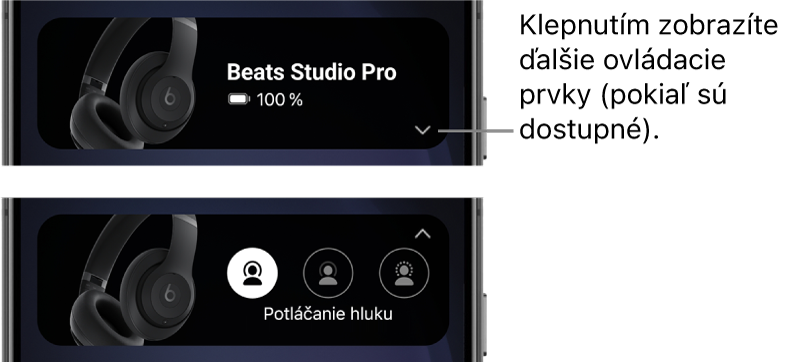 Na prvom obrázku je widget apky Beats zobrazujúci pripojené slúchadlá Beats Studio Pro a tlačidlo na zobrazenie ďalších ovládacích prvkov. Na druhom obrázku sú zobrazené ovládacie prvky potláčania hluku vo widgete.