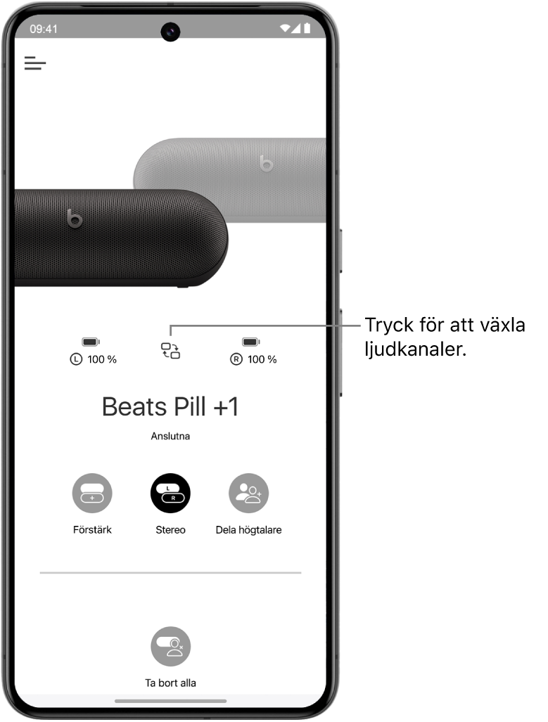 Enhetsskärmen i Beats-appen visar två anslutna Beats Pill-högtalare i en stereogrupp samt knappen för att ändra ljudkanaler.