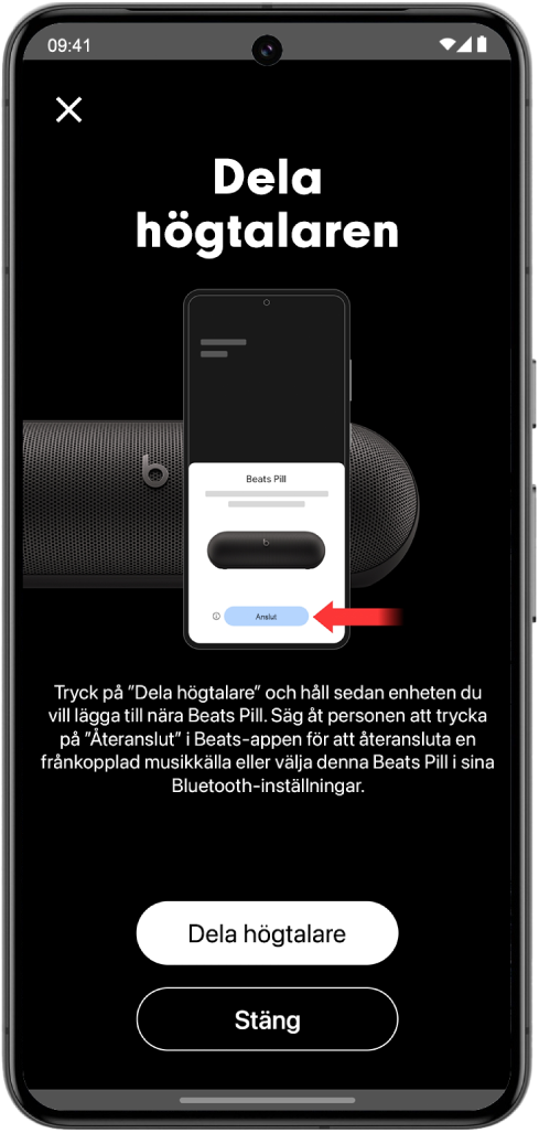 Skärmen Dela din högtalare i Beats-appen visar knapparna Dela högtalare och Stäng.
