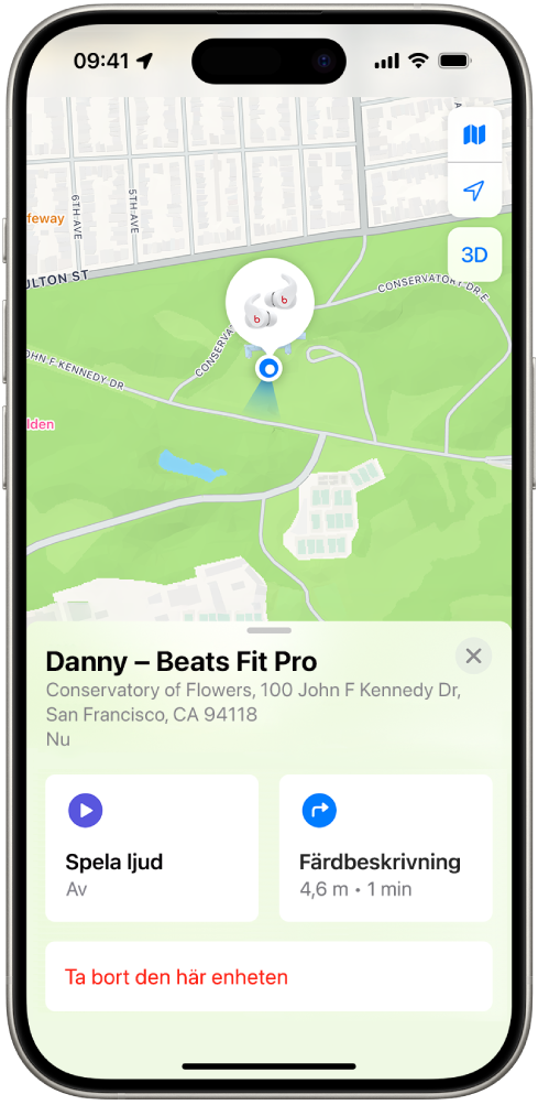 En skärm från appen Hitta på iPhone. Platsen för Beats Fit Pro visas på en karta över San Francisco tillsammans med en adress listad och alternativen Spela ljud, Färdbeskrivning och Ta bort den här enheten.
