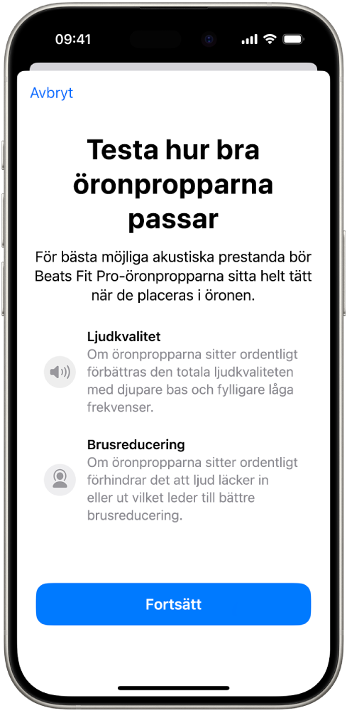 En iPhone-skärm som visar Test av öronpropparnas passform för Beats Fit Pro.