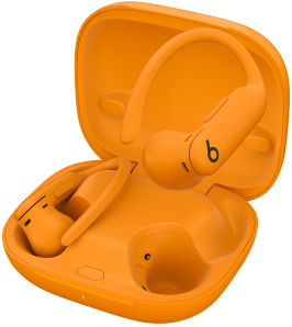 Powerbeats Pro 2-öronsnäckor och laddningsetui i elektriskt orange.