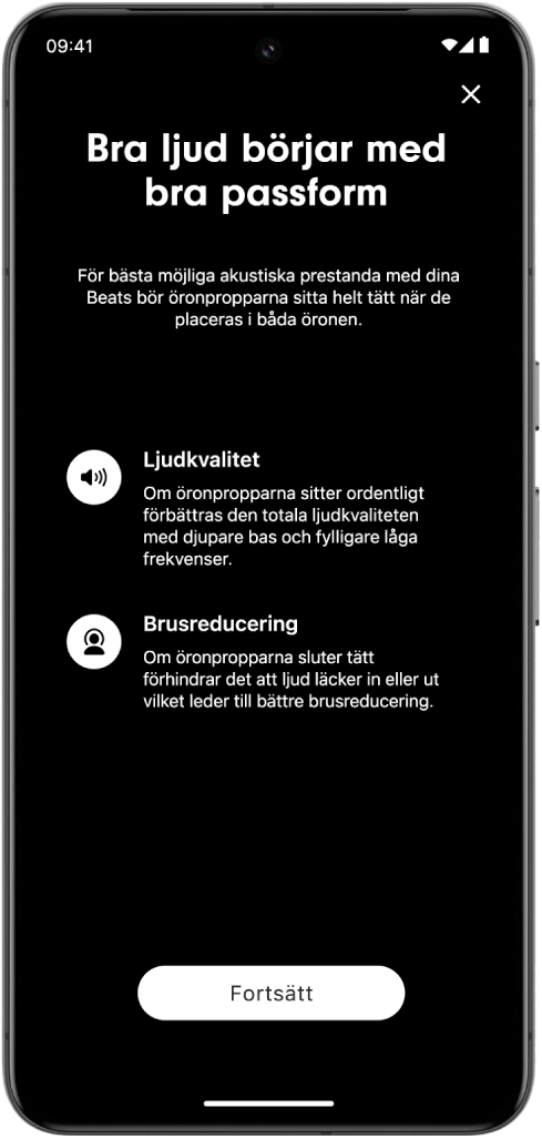 Skärmen för passformstestet i Beats-appen på en Android-enhet.
