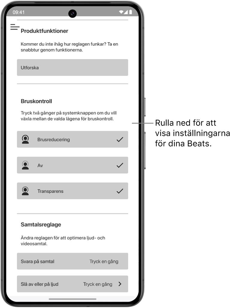 Skärmen för enheten i Beats-appen visar de inställningar som är tillgängliga för de anslutna Beats Studio Pro-hörlurarna.