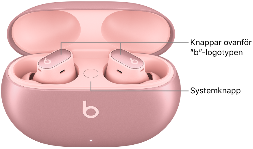Bild på Beats Studio Buds + som visar platsen för knapparna ovanför ”b”-logotypen på vardera öronsnäcka och platsen för systemknappen inuti laddningsetuiet.