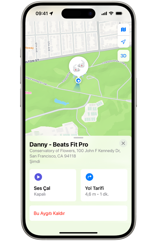 iPhone’daki Bul uygulaması ekranı, bir San Francisco haritasında Beats Fit Pro’nun konumunu gösteriyor.