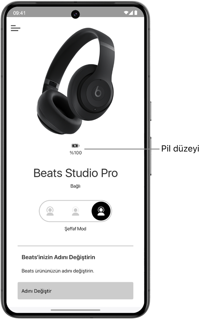 Beats uygulamasının aygıt ekranı bağlı Beats Solo 4 kulak üstü kulaklıklarının pil düzeyini gösteriyor.