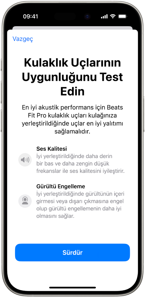 Beats Fit Pro için Kulaklık Ucu Uyum Testi’ni görüntüleyen bir iPhone ekranı.