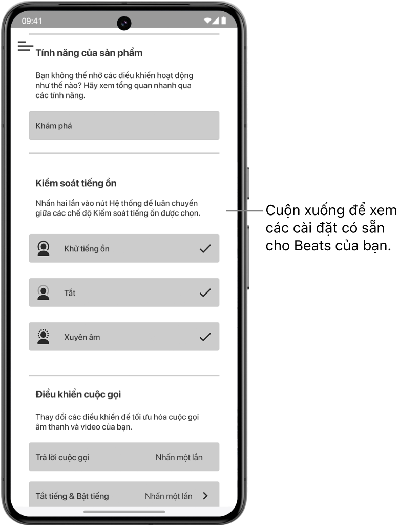 Màn hình thiết bị của ứng dụng Beats đang hiển thị các cài đặt có sẵn cho tai nghe trùm đầu Beats Studio Pro được kết nối.