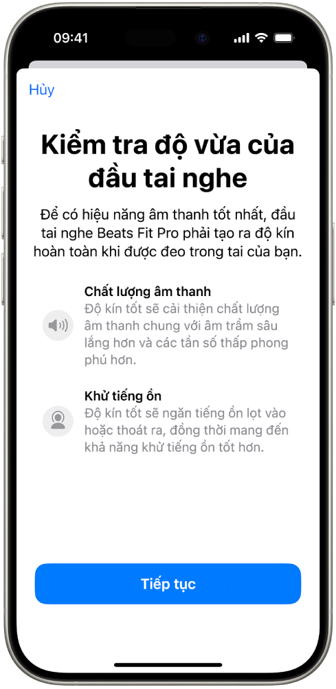 Một màn hình iPhone đang hiển thị Kiểm tra độ vừa đầu tai nghe cho Beats Fit Pro.