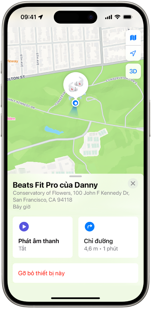 Một màn hình từ ứng dụng Tìm trên iPhone. Vị trí của Beats Fit Pro được hiển thị trên bản đồ San Francisco, cùng với một địa chỉ được liệt kê và các tùy chọn Phát âm thanh, Chỉ đường và Gỡ bỏ thiết bị này.