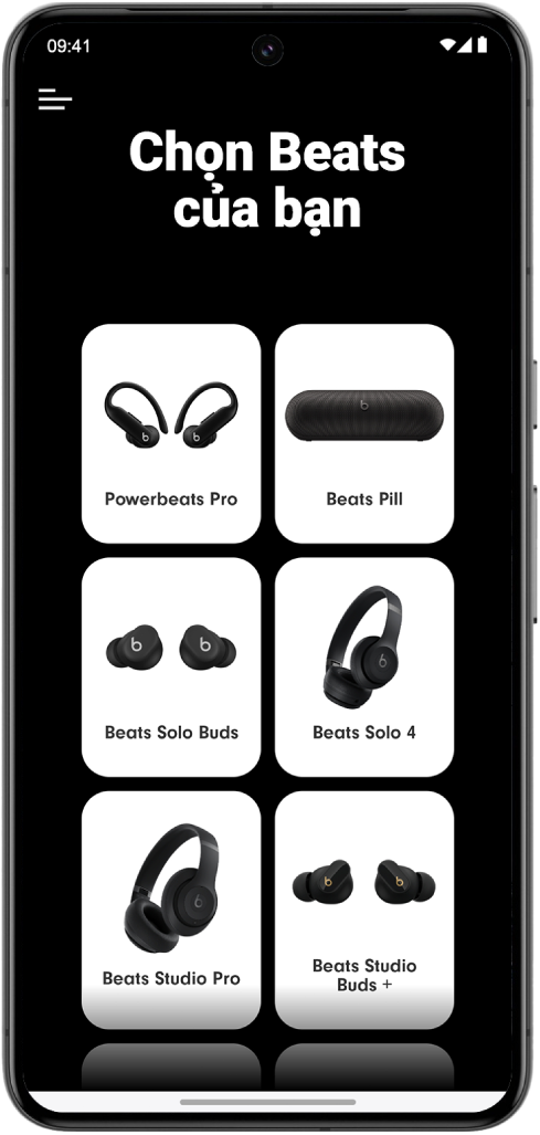 Màn hình Chọn Beats của bạn trong ứng dụng Beats đang hiển thị các thiết bị Beats được hỗ trợ.