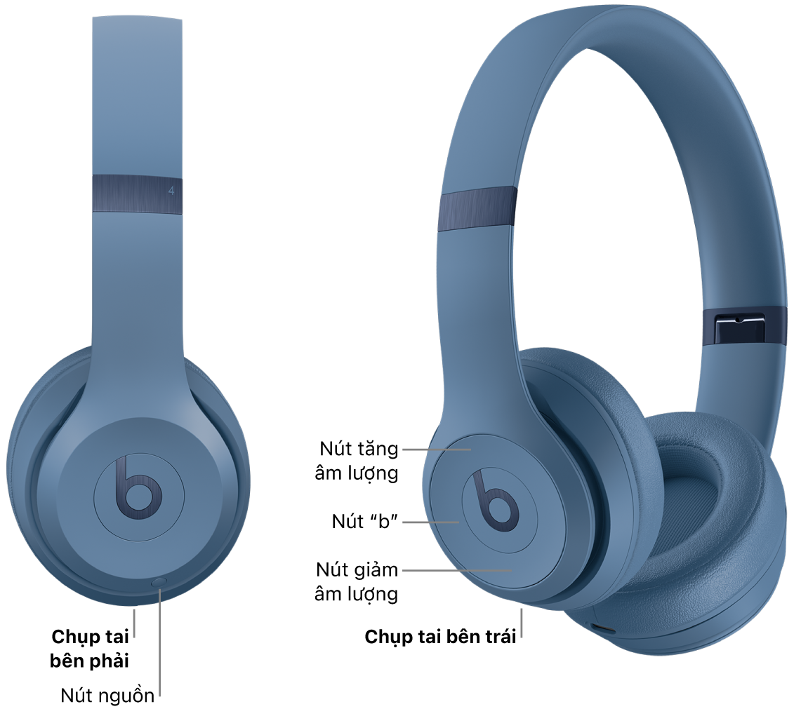 Hình ảnh của Beats Solo 4 đang hiển thị vị trí của nút nguồn trên chụp tai bên phải, cũng như vị trí của nút “b”, nút tăng âm lượng và nút giảm âm lượng trên chụp tai bên trái.
