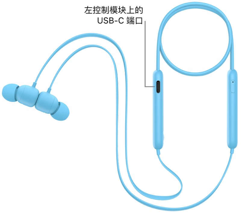 Beats Flex 左控制模块底部的 USB-C 充电端口。