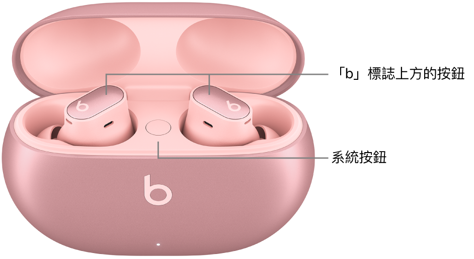 Beats Studio Buds + 的影像顯示耳塞的「b」標誌上方的按鈕之位置，以及充電盒內系統按鈕的位置。