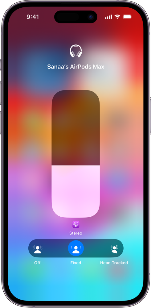 The volume screen in Control Center showing the volume level for AirPods Max. Below the volume indicator, the Spatial Audio options are showing. The options are Off, Fixed, and Head Tracked.