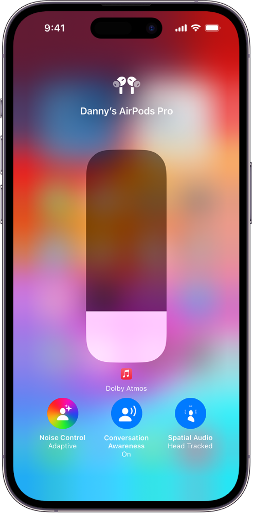 The volume screen in Control Center showing the volume level for AirPods Max. Below the volume indicator, the noise cancellation options are showing. The options from left to right are Noise Cancellation, Off, and Transparency.