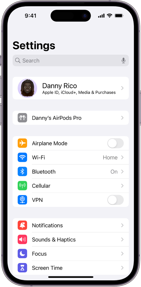 A Settings app on iPhone, showing a user’s connected AirPods listed at the top of the screen.
