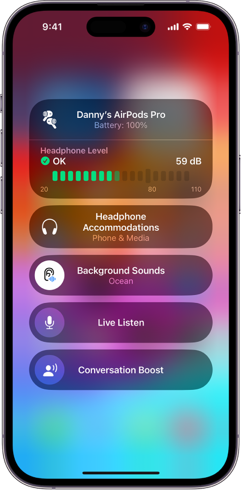 The Hearing Devices screen in Control Center. From top to bottom, it includes the Headphone Level in decibels, Headphone Accommodations, Background Sounds, Live Listen, and Conversation Boost.