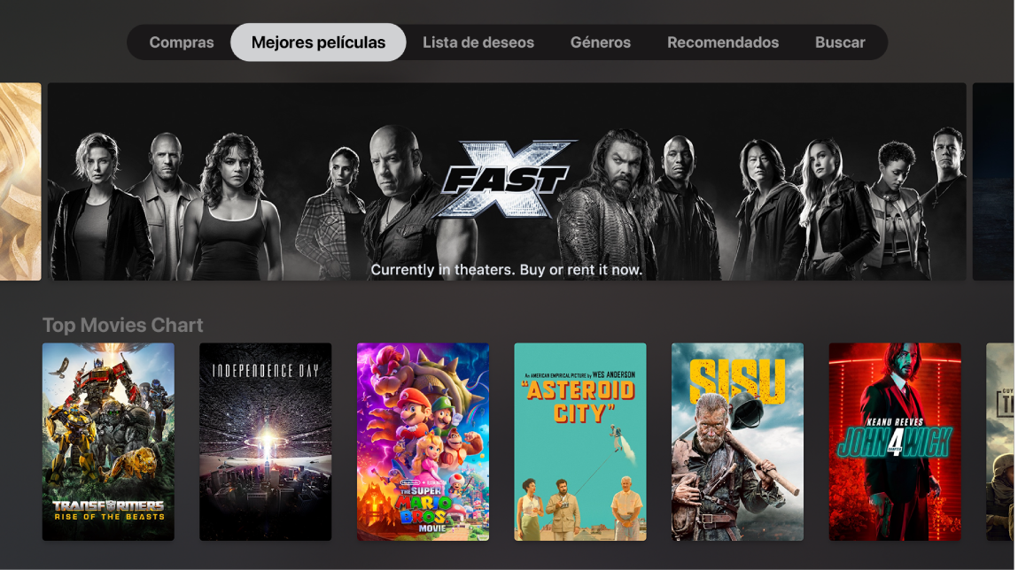 Pantalla de inicio de la sección Películas de iTunes