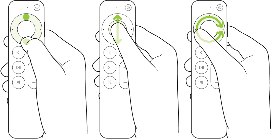 Illustration qui montre le balayage circulaire de l’anneau de la surface cliquable de la télécommande (2e génération ou ultérieure) pour le défilement vers le haut ou le bas