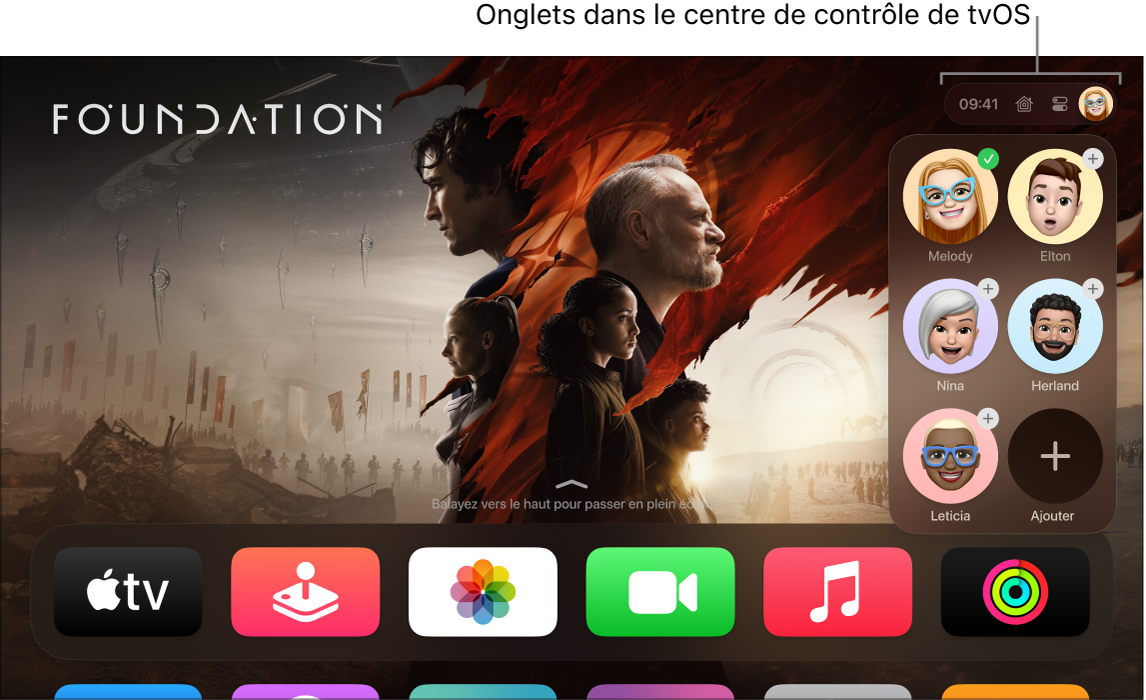 Écran de l’Apple TV affichant les onglets du centre de contrôle.