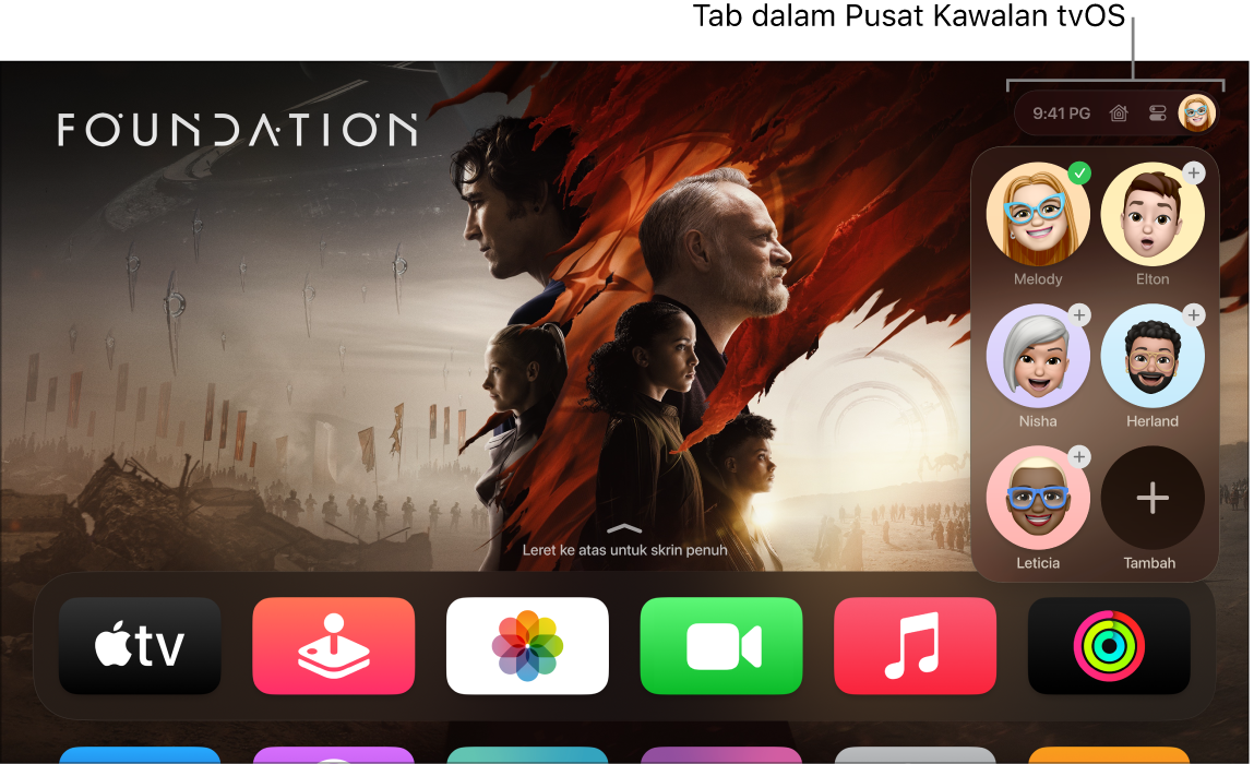 Skrin Apple TV menunjukkan tab dalam Pusat Kawalan.