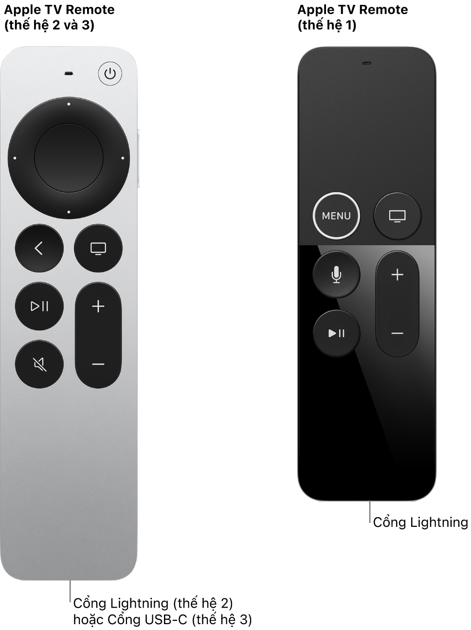 Hình ảnh của Apple TV Remote (thế hệ 2) và Apple TV Remote (thế hệ 1) đang hiển thị cổng Lightning