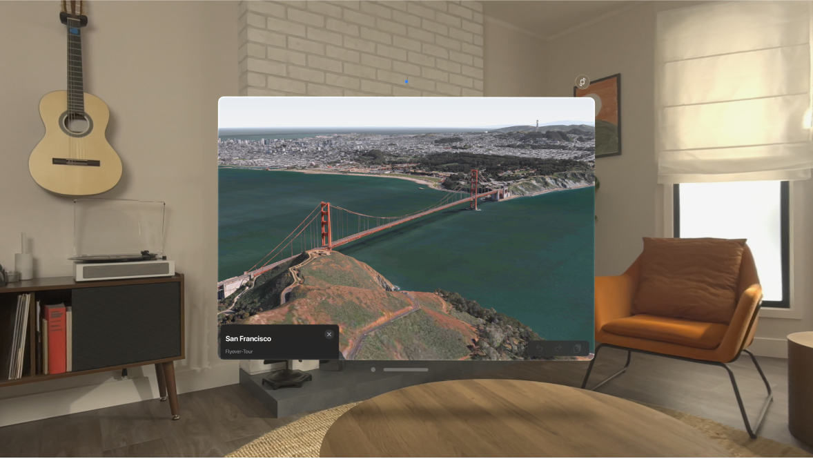 Die App „Karten“ auf der Apple Vision Pro mit einer Luftaufnahme von San Francisco.