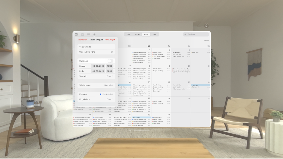 Die App „Kalender“ auf der Apple Vision Pro. Ein neues Ereignis wird erstellt.
