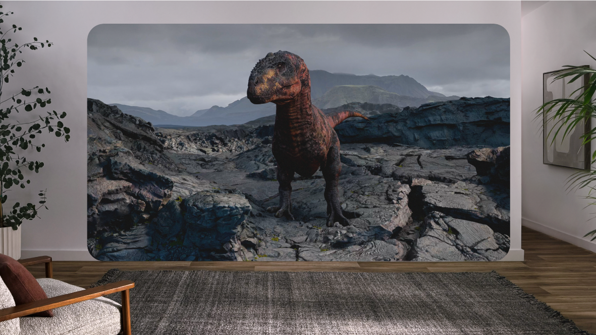 „Die Dinosaurier“ auf der Apple Vision Pro mit einem Dinosaurier in einer Felsenlandschaft.