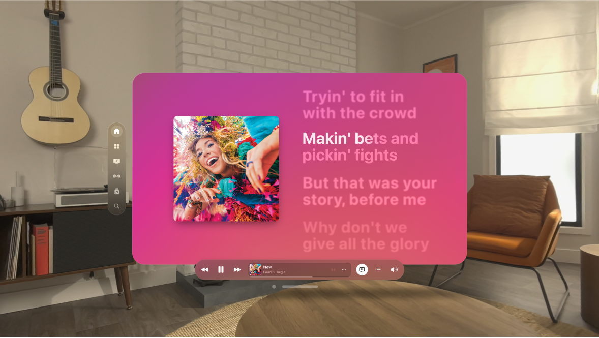 Ein Fenster der App „Musik“ auf der Apple Vision Pro mit einem Liedtext und den Steuerelementen des Players unten im Fenster.