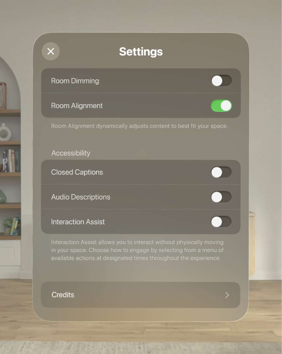 The settings for Encounter Dinosaurs, with options to adjust Room Dimming and Alignment, as well as turn on Closed Captions, Audio Descriptions and Interaction Assist.