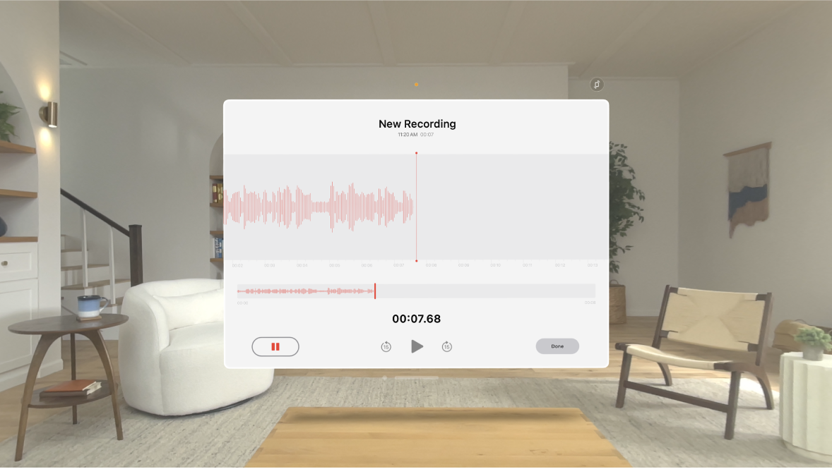 The Voice Memos app on Apple Vision Pro, showing a recording screen.