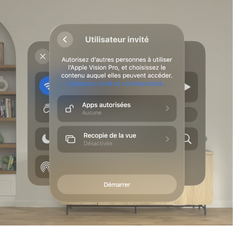 Réglages « Utilisateur invité » sur l’Apple Vision Pro, avec des options pour modifier les apps auxquelles l’invité peut accéder, et si vous souhaitez recopier la vue.