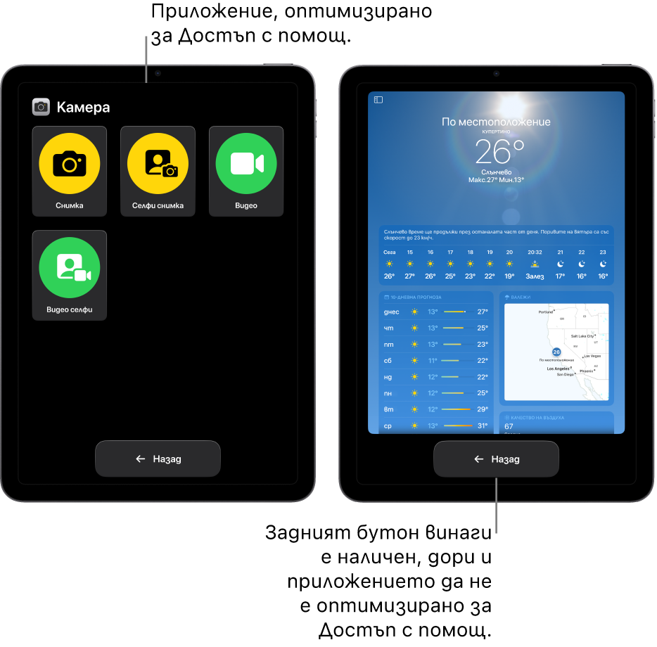 Два iPad екрана в Достъп с помощ. Един iPad показва приложение с дизайн за Достъп с помощ с голяма решетка с бутони. Другият iPad показва приложение, което не е направено за Достъп с помощ и е с оригиналния си дизайн. Приложението е по-малко на екрана с голям бутон Назад в долната част.