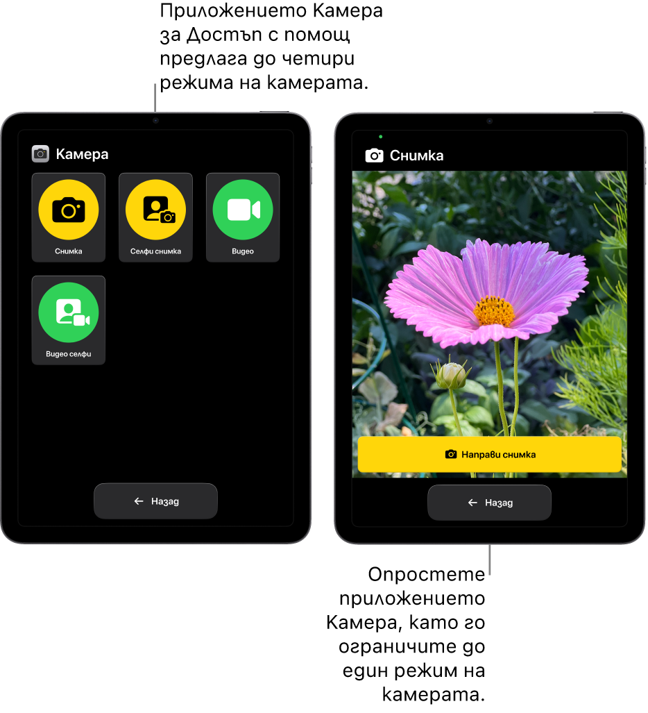 Два iPad екрана в Достъп с помощ. Един iPad показва приложението Камера с режими за камерата, от които да избере потребителят, като Видео или Фото селфи. Другият iPad показва приложението камера с един режим за заснемане на снимки.