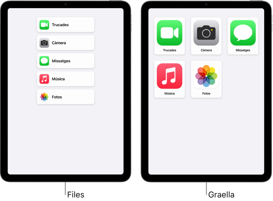 Dues pantalles d’iPad amb ús assistit. En un s’hi veu la pantalla d’inici amb les apps en una llista. A l’altre s’hi veuen les apps ordenades en una retícula.
