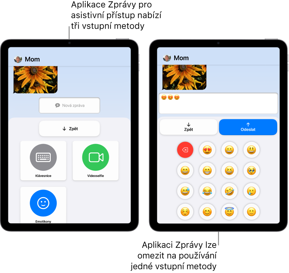 Displeje dvou iPadů v režimu asistivního přístupu. Na prvním iPadu je vidět aplikace Zprávy se vstupními metodami, které si uživatel může vybrat, například Klávesnice nebo Videoselfie. Na druhém se odesílá zpráva vytvořená pomocí klávesnice obsahující jen emotikony.