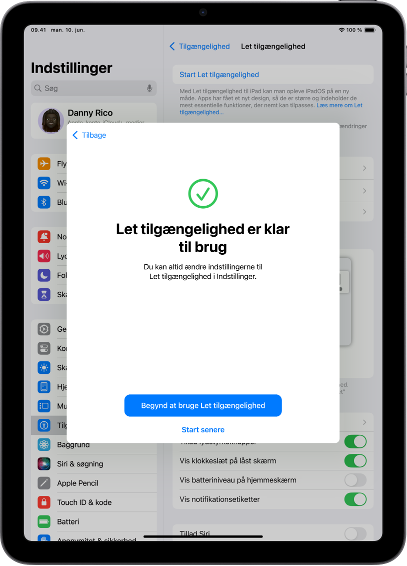 En iPad, der viser, at Let tilgængelighed er klar til brug, med en knap nederst til at starte Let tilgængelighed.