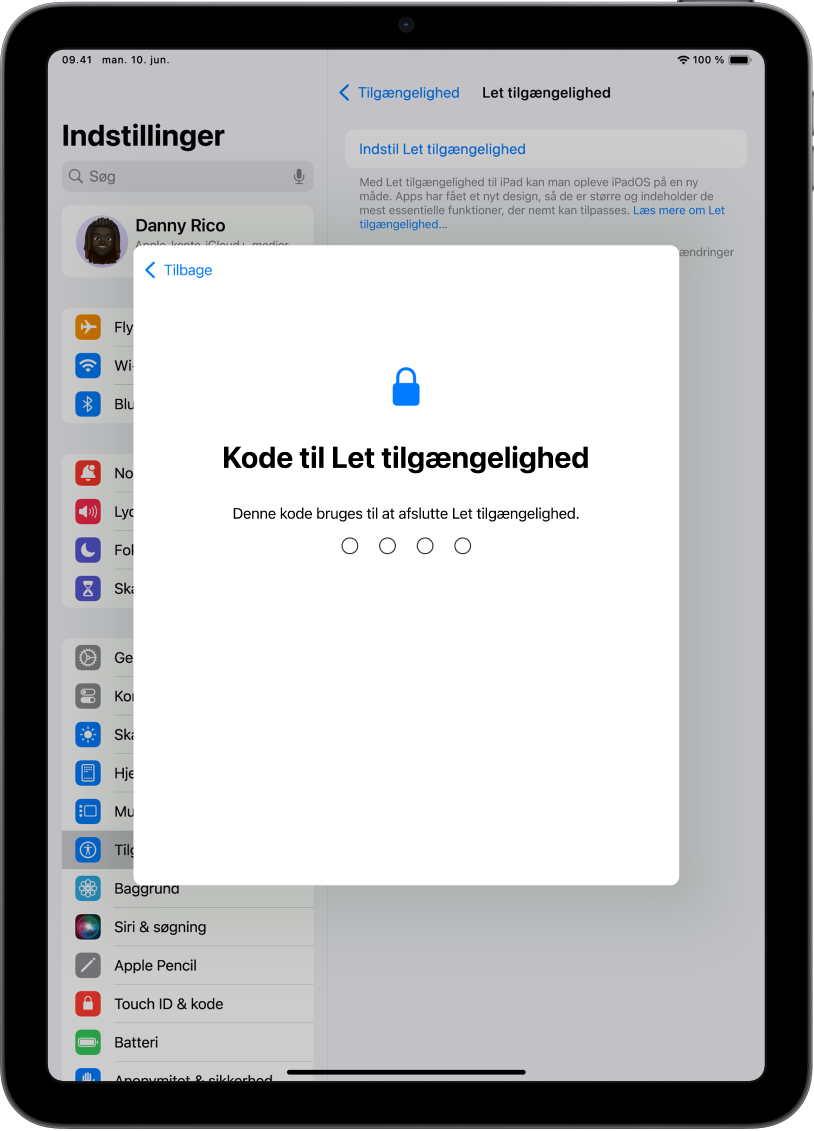 En iPad, der viser skærmen til indstilling af koden til Let tilgængelighed, der bruges, når Let tilgængelighed startes og sluttes.