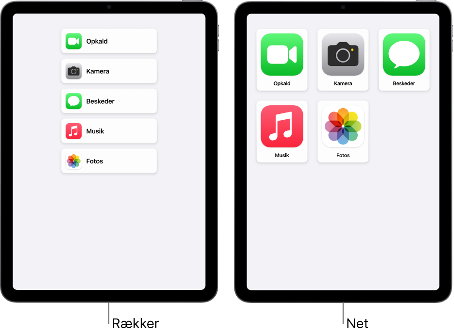 To iPad-skærme i Let tilgængelighed. En viser hjemmeskærmen med apps, der vises på en række. Den anden viser store apps, der er organiseret i et net.
