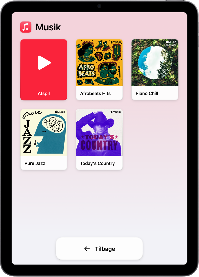 En iPad i Let tilgængelighed med appen Musik åben. Knappen Afspil er i det øverste venstre hjørne af skærmen, og knappen Tilbage er nederst. Et stort net med playlister fylder resten af skærmen.