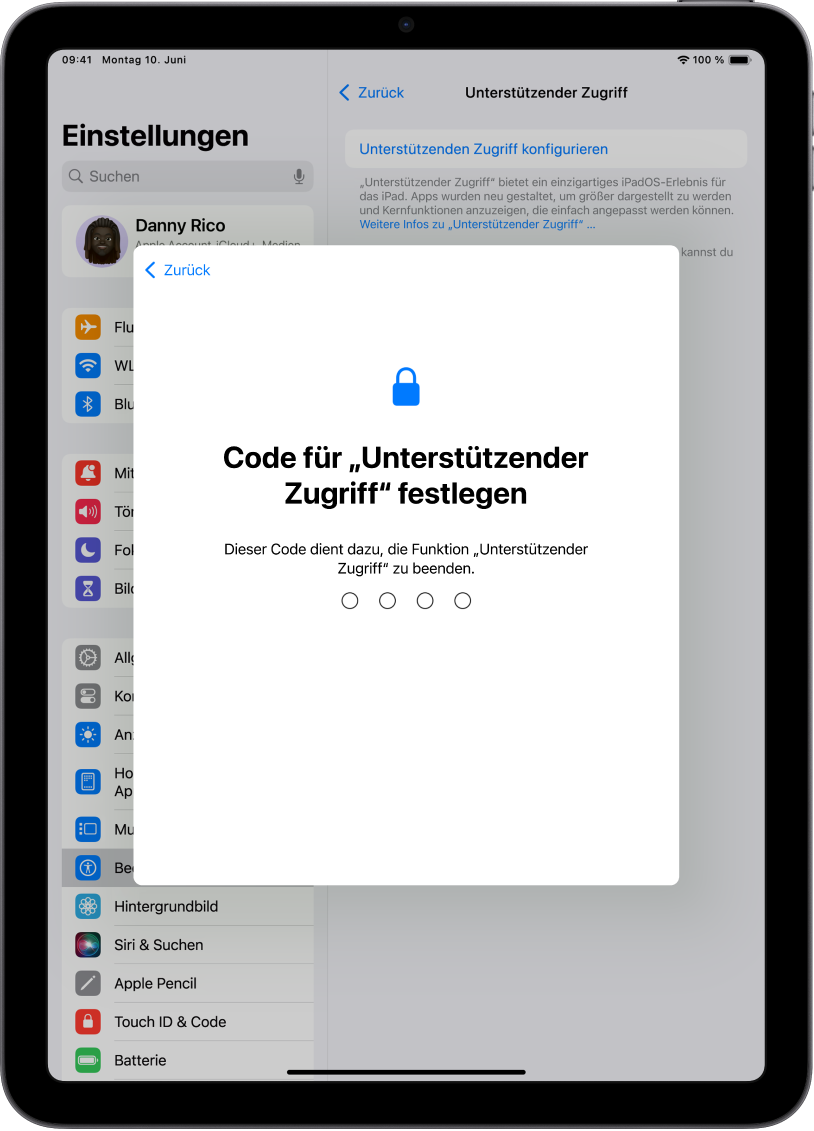 Der iPad-Bildschirm zum Festlegen des Codes für „Unterstützender Zugriff“, der zum Starten und Beenden von „Unterstützender Zugriff“ verwendet wird.