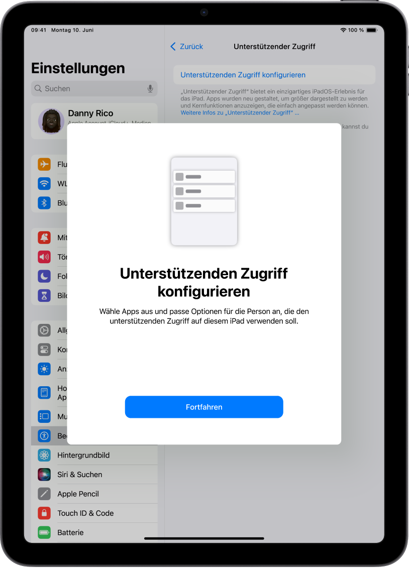 Ein iPad, auf dem der Konfigurationsbildschirm von „Unterstützender Zugriff“ mit der Taste „Fortfahren“ am unteren Bildschirmrand angezeigt wird.